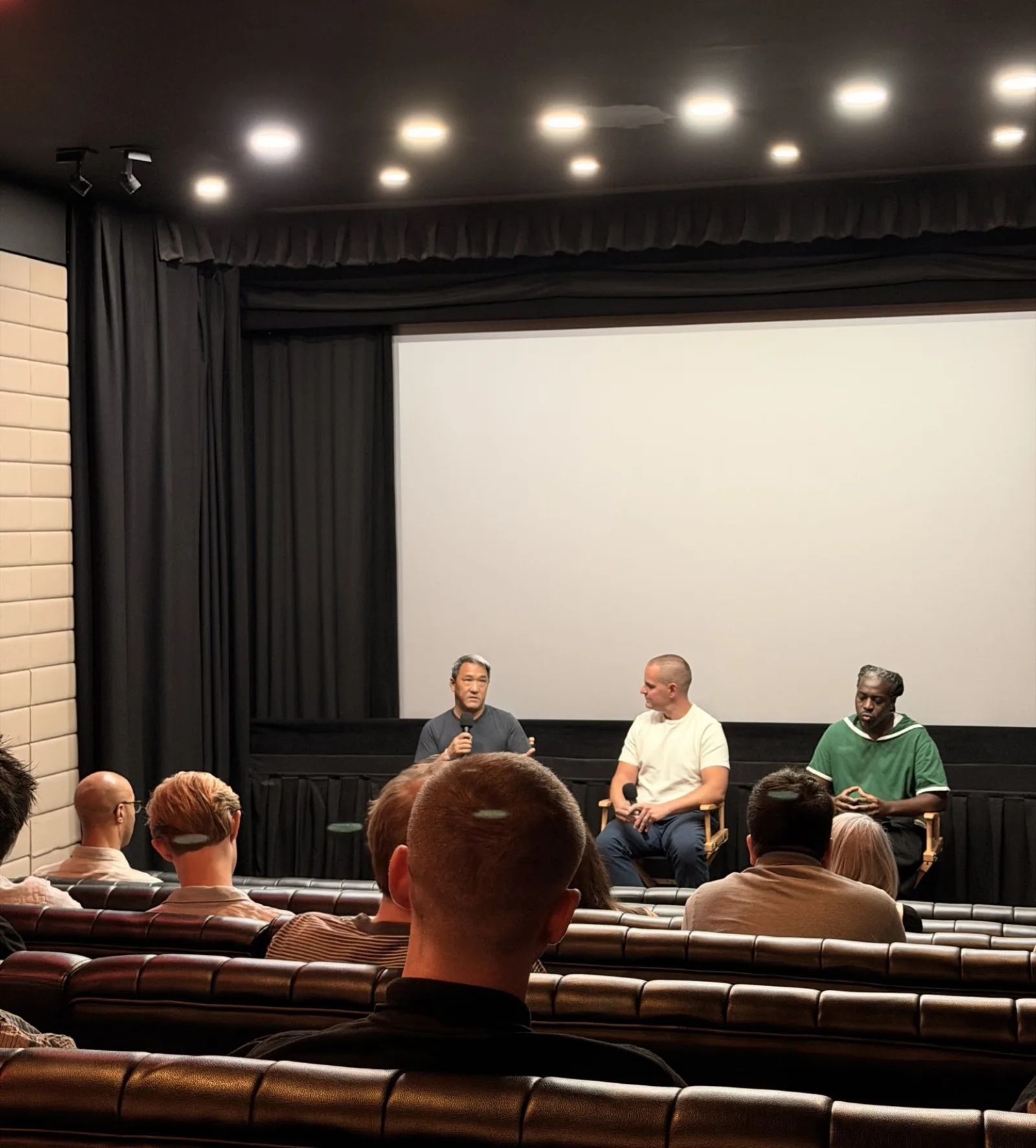 The Q&A after the screening: the artist with Roger Dickerman and Ed Balloon, seated before the screen.